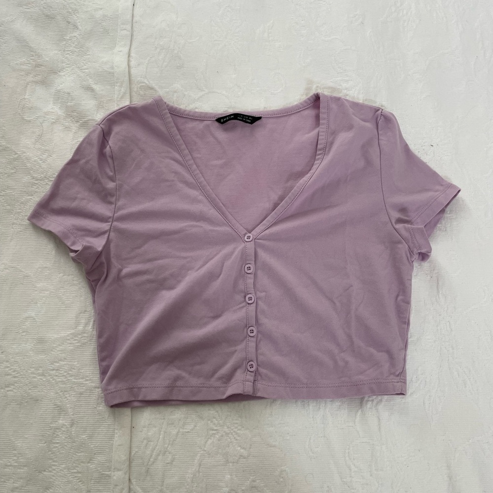 Lilac Button-Up V-Neck Crop Top